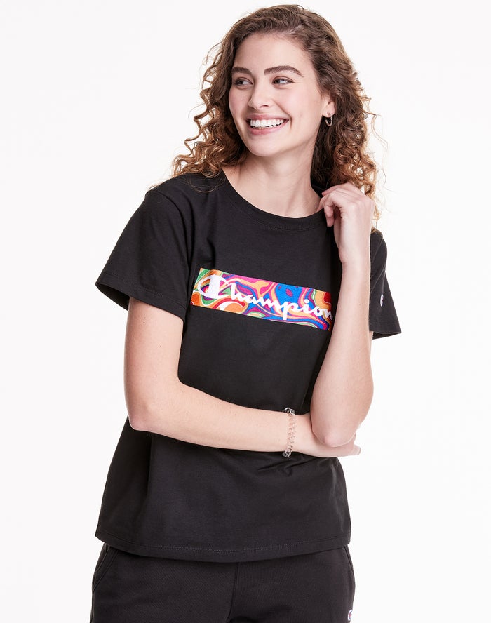 Camiseta Champion Mujer - Classic Jersey Liquid Filled Block With Script Logo ( Negras ) 8709315-TA